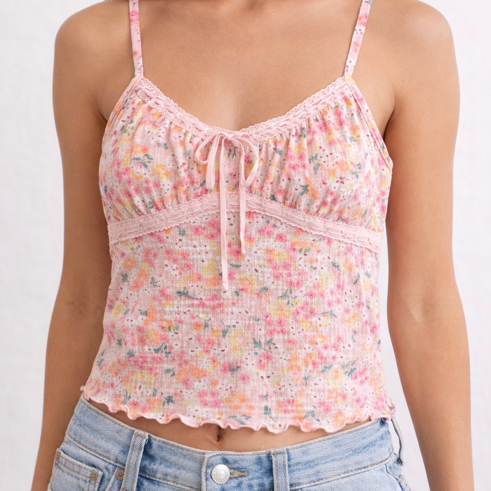✨No Boundaries Pink Floral Lace-Trim Ribbed Camisole